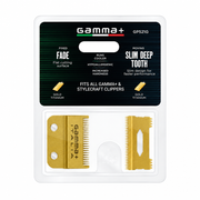Gamma+ Gold Titanium Fade und Slim Deep Tooth Klingenset in der Verpackung